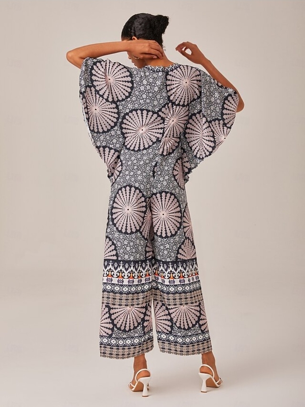 Women's Navy and Pale Pink Boho V-Neck Jumpsuit - Picture 4 of 4
